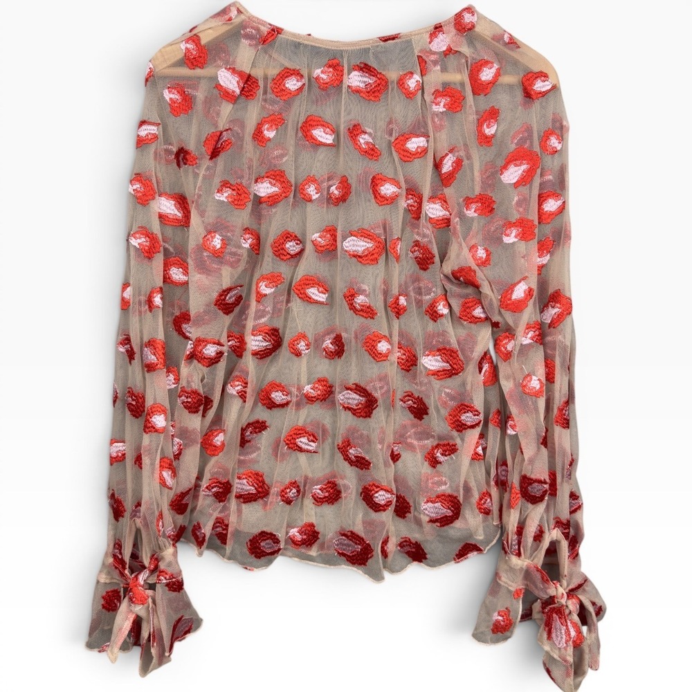 Eva Franco Cheetah Rose Mesh Blouse M Tan Red Embroidered Tie Cuff Art to Wear - Picture 3 of 9